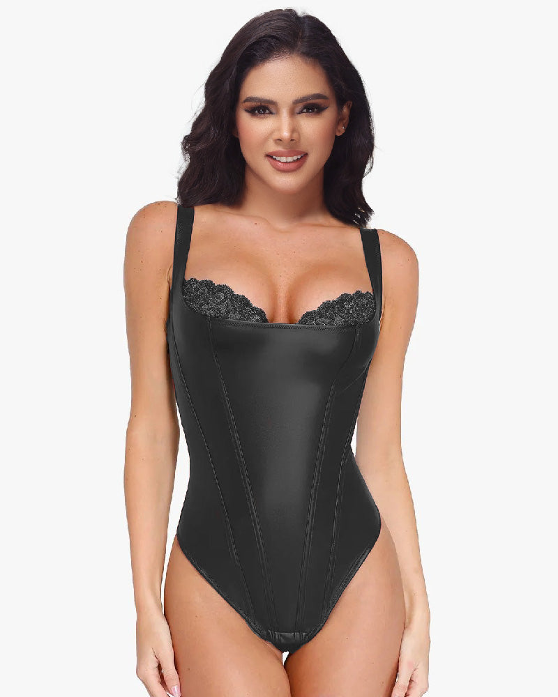 Vermoila® Shapewear Leather Lace Balconette Tanga Bodysuit