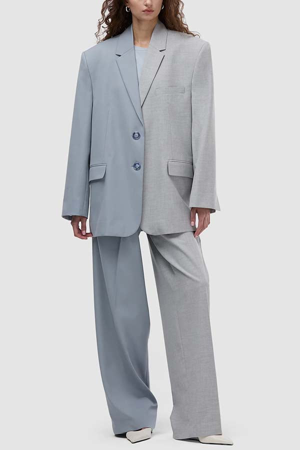 Girl Boss Avant-garde Contrast Colors Lapel Boyfriend Blazer and Pocketed Wide Leg Pants Set