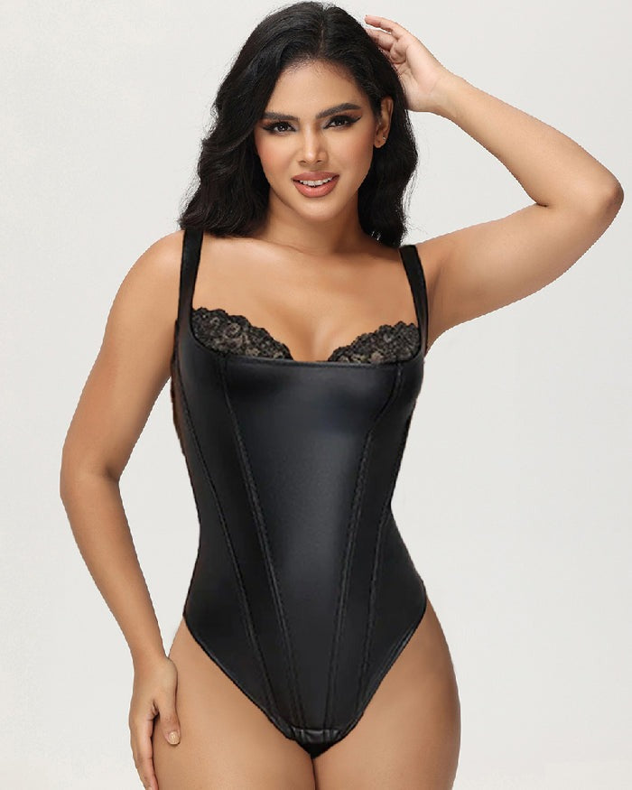 Vermoila® Shapewear Leather Lace Balconette Tanga Bodysuit
