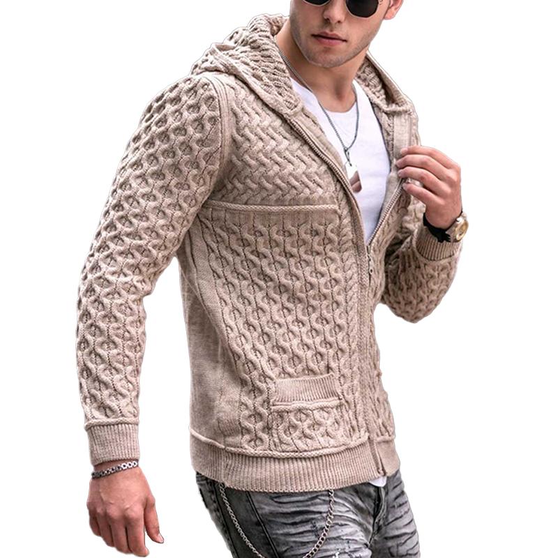 Men's Solid Cable Hooded Zipper Long Sleeve Knit Cardigan 76097913Z