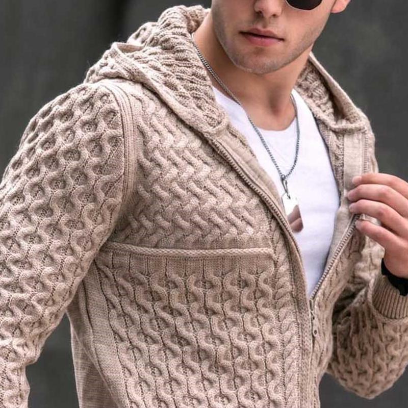 Men's Solid Cable Hooded Zipper Long Sleeve Knit Cardigan 76097913Z